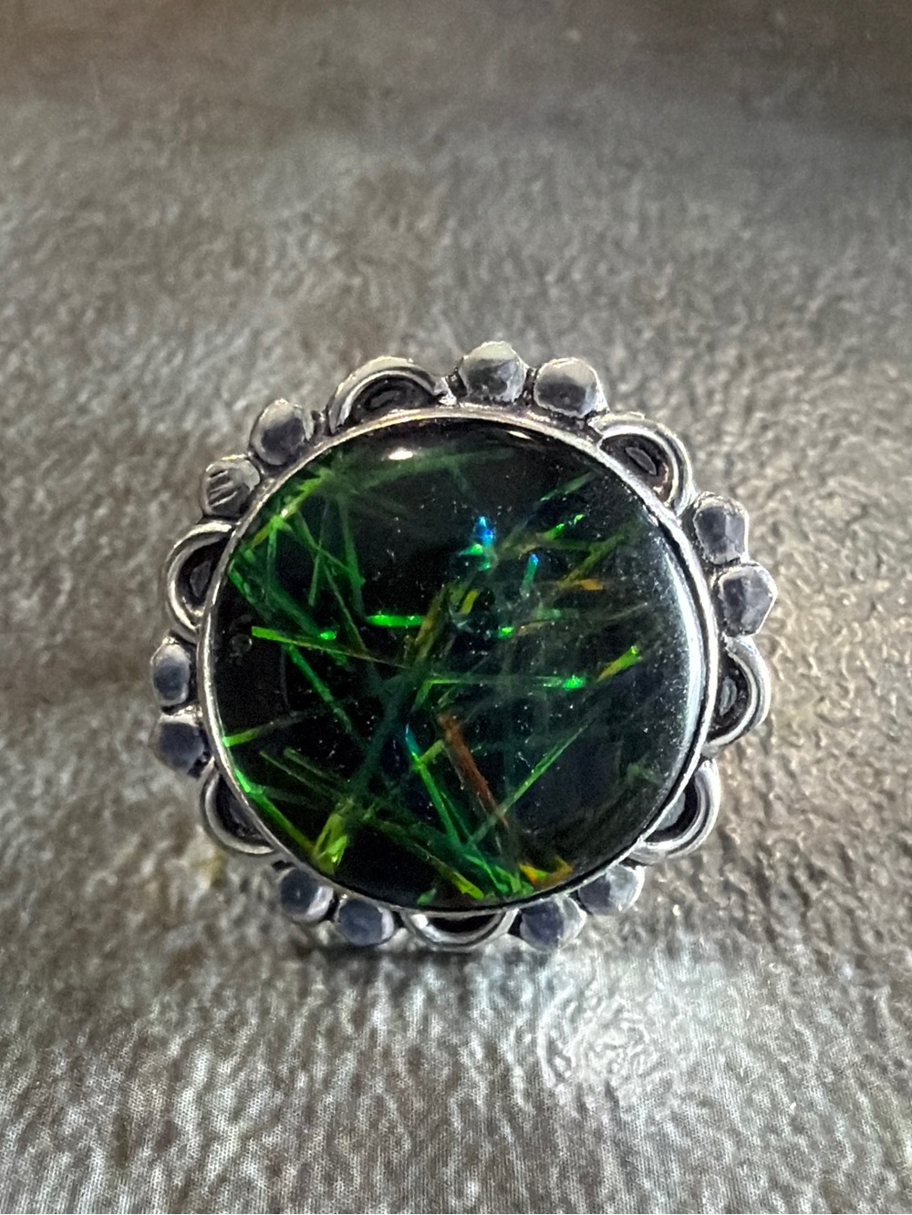 Vintage Boho Glass Ring Size 8 Iridescent Unique Jewelry Silver 925 Overlay